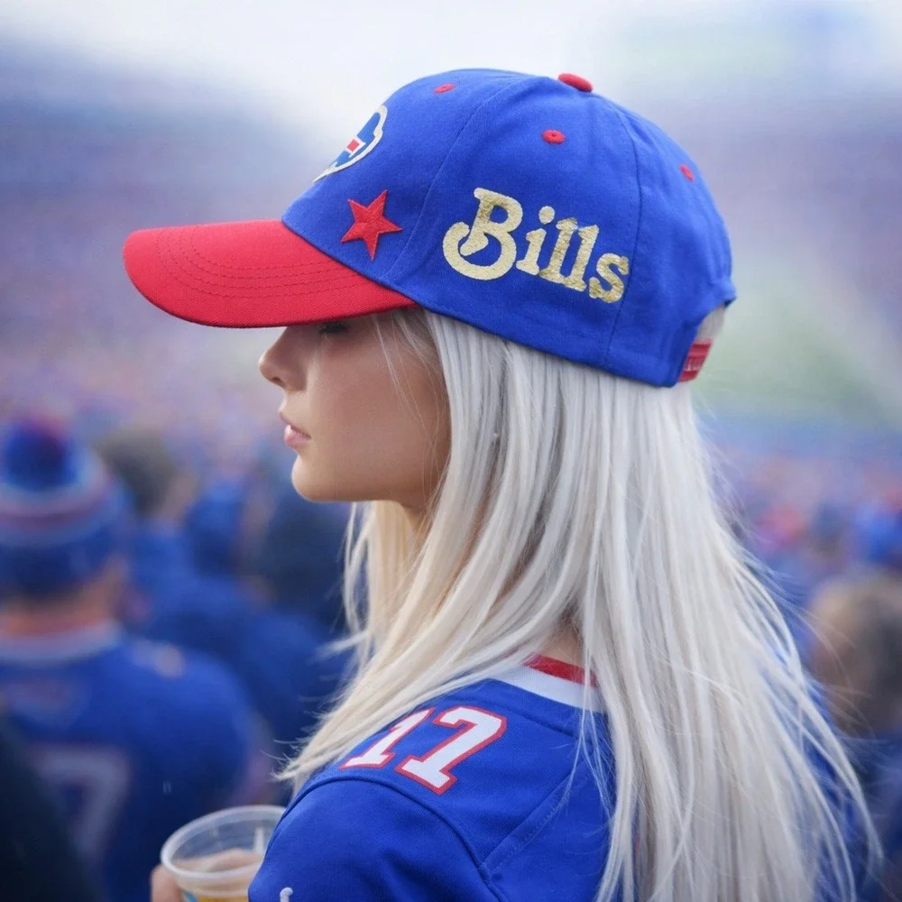 Buffalo Bills Hat Blue Red Baseball Cap Embroidered Logo‎ Gold Glitter Script